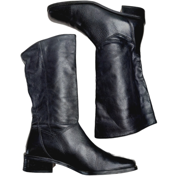 Naturalizer Tall Boots Size 9 Black Pull On Square Toe Leather Casual 90's Mode